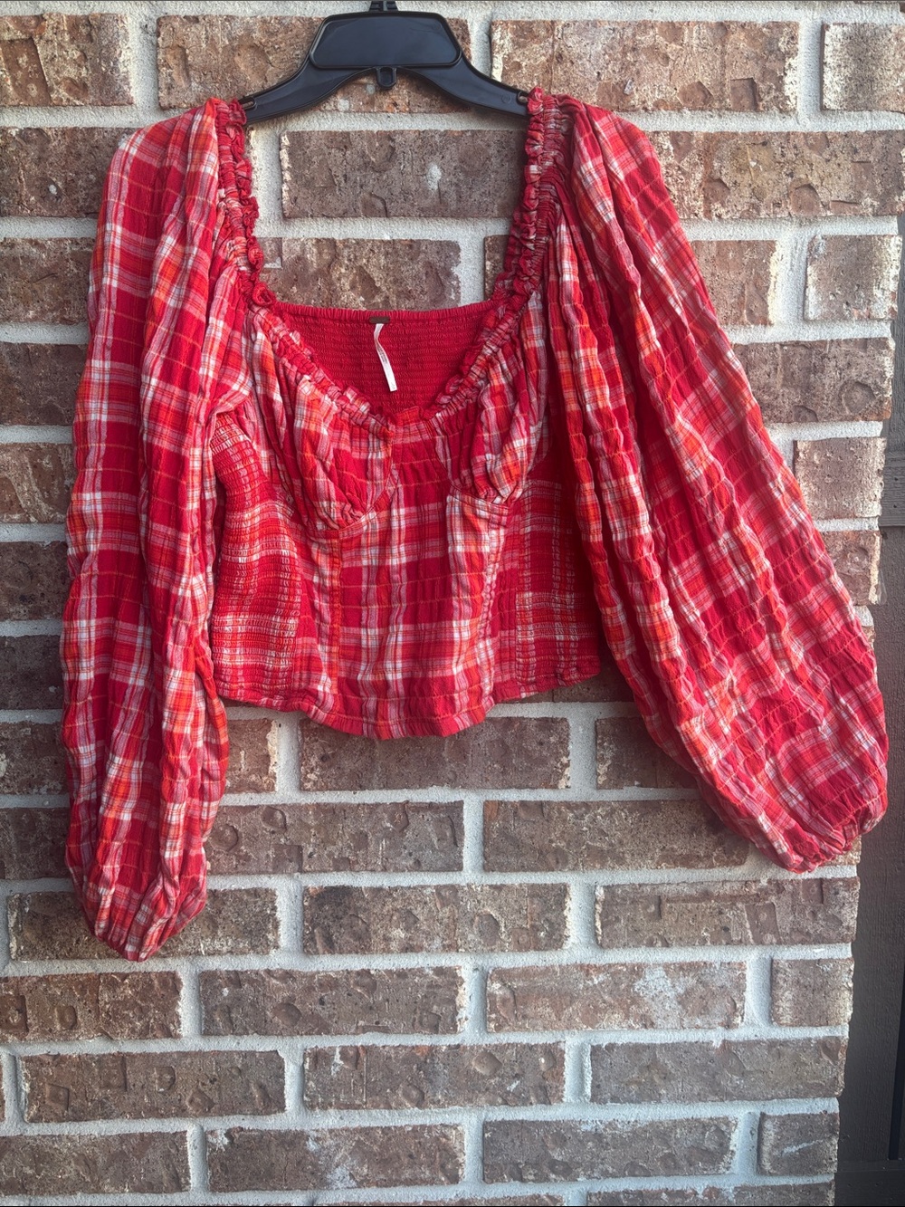 Free people cherry bomb madrass Red Plaid Peasant Crop Top